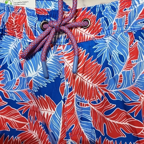 Men's Resort Swim Trunks X-Large Lined Red Blue Leaf Print Drawstring Quick Dry - Picture 5 of 7